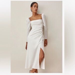 Reformation Isaac Dress - White Long-Sleeve Square Neck Midi with Side Slit